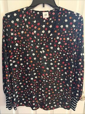 CAbi Black Floral V-Neck Blouse with Striped Cuffs